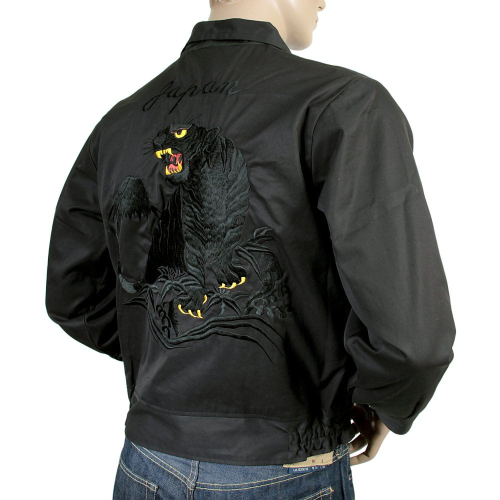 Black Regular Fit Cotton Twill Jacket with Embroidered Black Tiger TT13002