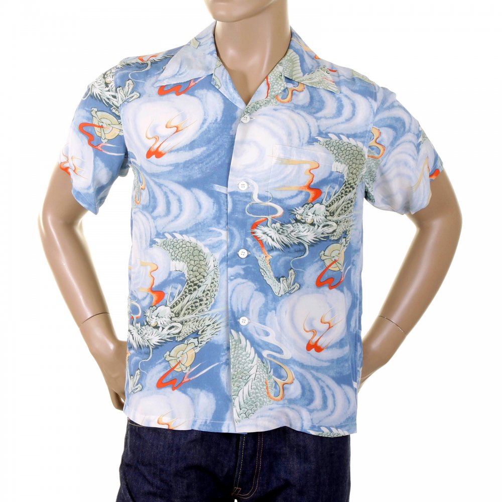 Blue Tour Dragon Print Regular Fit Cuban Collar Short Sleeve Hawaiian Shirt SS34464