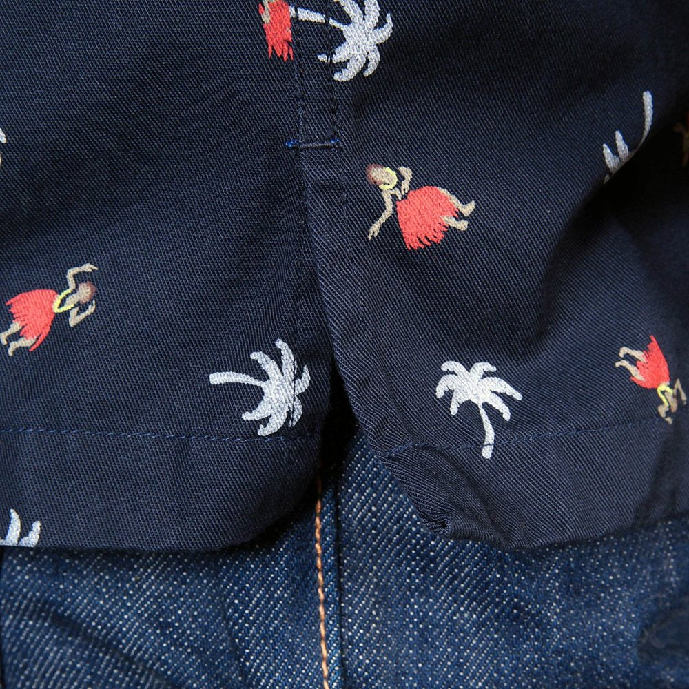 Button Down Collar Short Sleeve Navy Blue Cotton Twill Regular Fit Oxford Shirt with Printed Aloha Hula Dancer SS36249