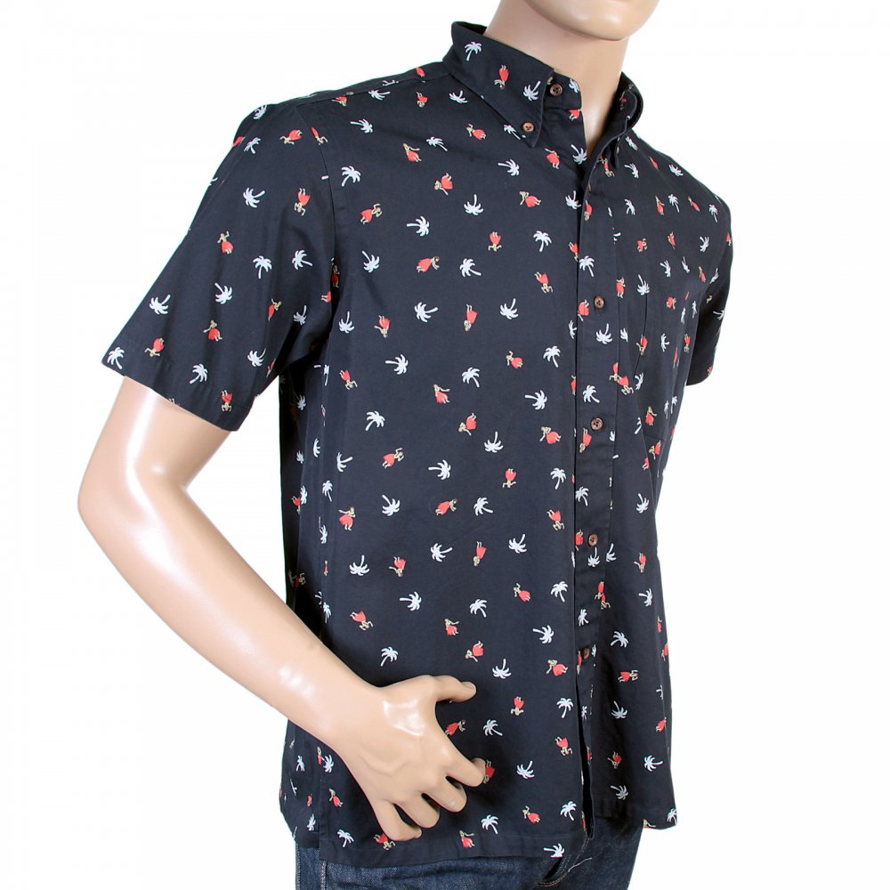 Button Down Collar Short Sleeve Navy Blue Cotton Twill Regular Fit Oxford Shirt with Printed Aloha Hula Dancer SS36249
