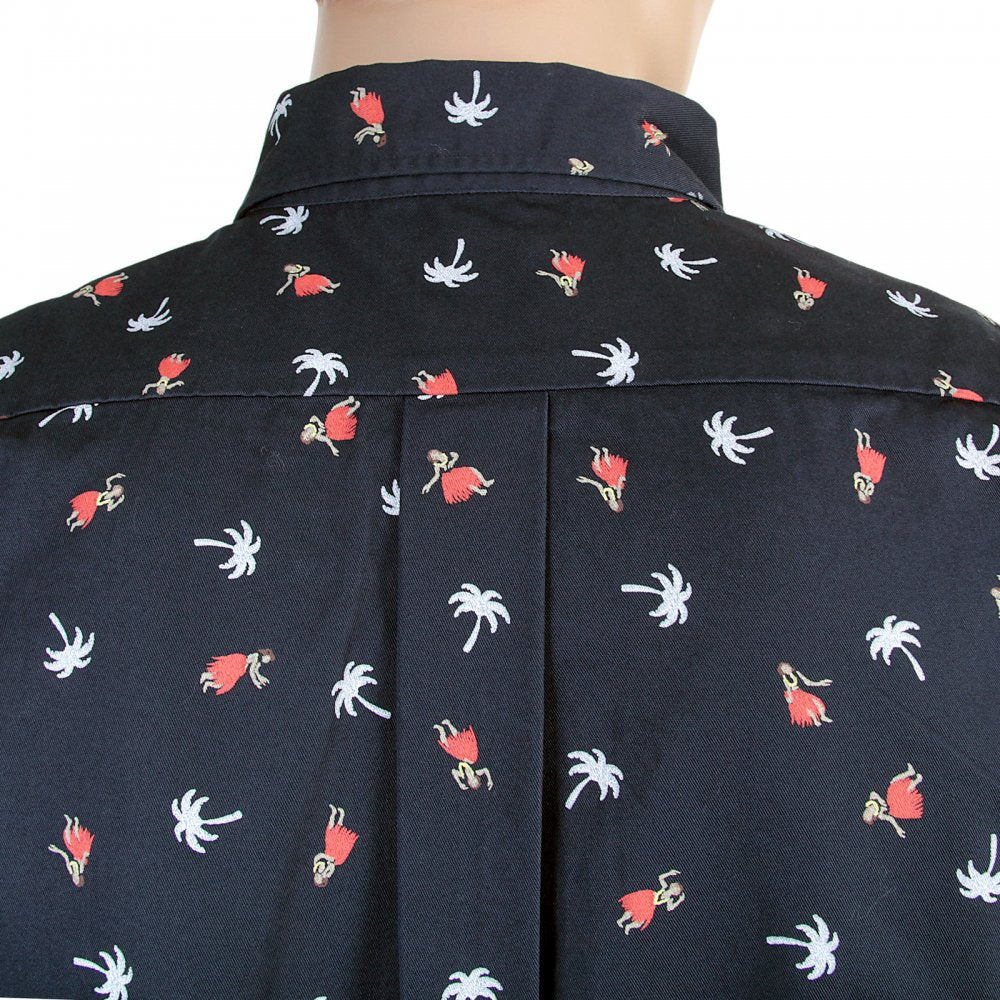 Button Down Collar Short Sleeve Navy Blue Cotton Twill Regular Fit Oxford Shirt with Printed Aloha Hula Dancer SS36249