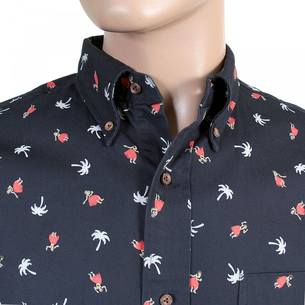Button Down Collar Short Sleeve Navy Blue Cotton Twill Regular Fit Oxford Shirt with Printed Aloha Hula Dancer SS36249