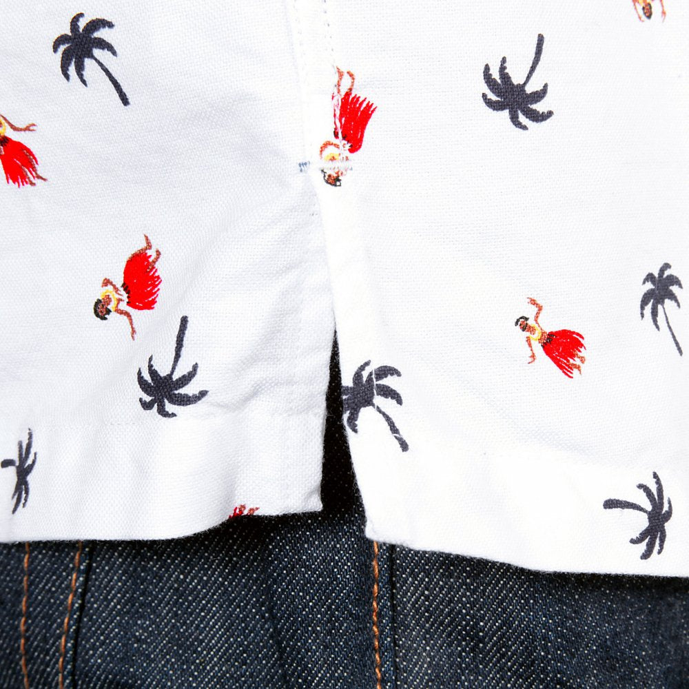 Button Down Collar Short Sleeve Off White Cotton Twill Regular Fit Oxford Shirt With Printed Aloha Hula Dancer SS34973