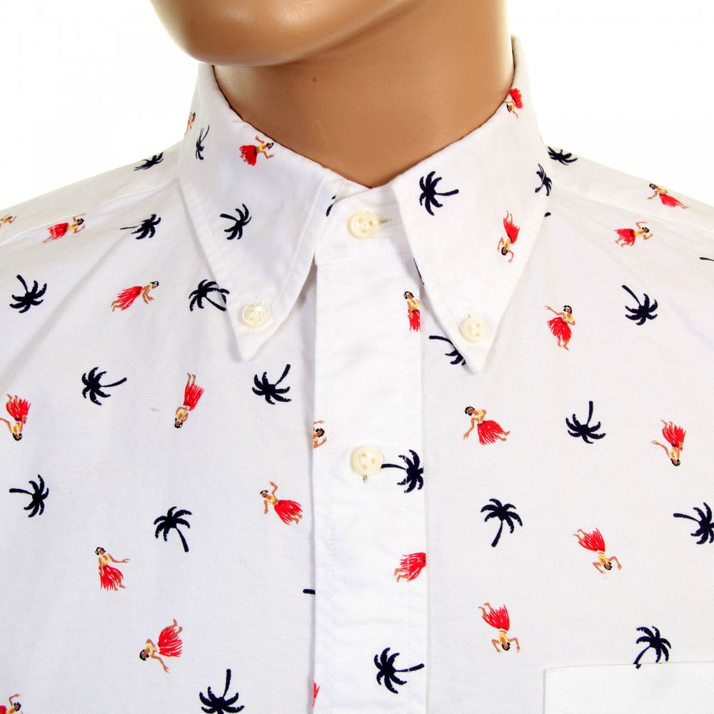 Button Down Collar Short Sleeve Off White Cotton Twill Regular Fit Oxford Shirt With Printed Aloha Hula Dancer SS34973