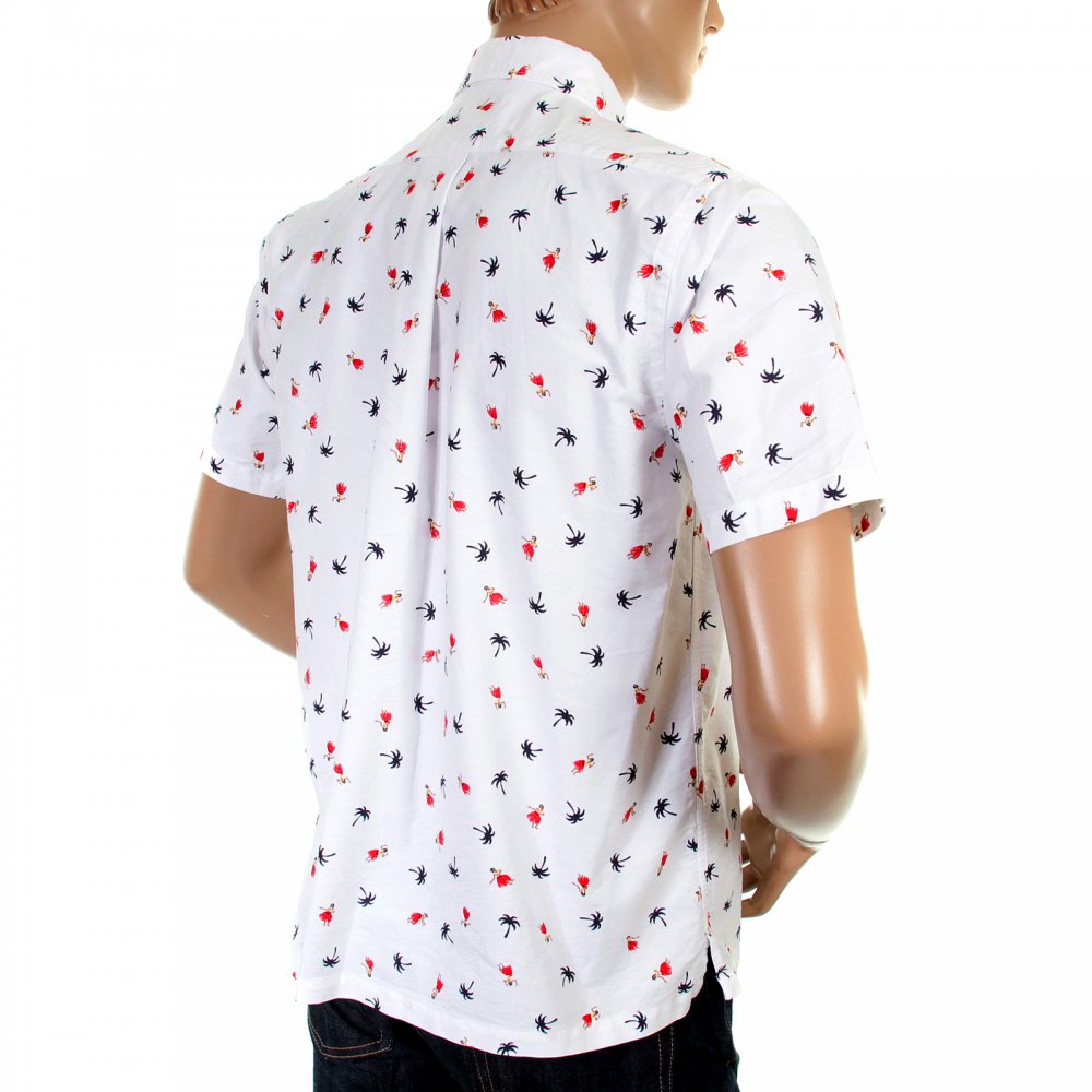 Button Down Collar Short Sleeve Off White Cotton Twill Regular Fit Oxford Shirt With Printed Aloha Hula Dancer SS34973