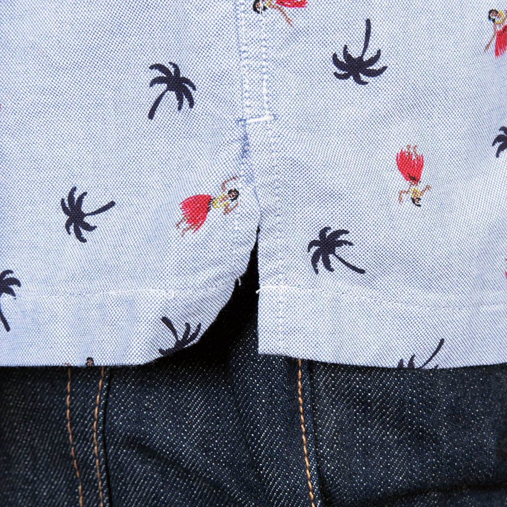Button Down Collar Short Sleeve Light Blue Cotton Twill Regular Fit Oxford Shirt With Printed Aloha Hula Dancer SS34973