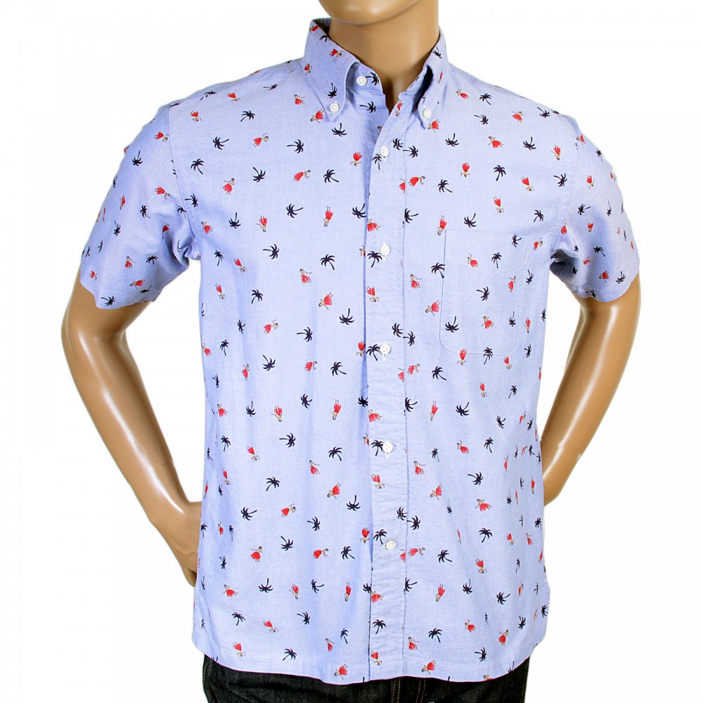 Button Down Collar Short Sleeve Light Blue Cotton Twill Regular Fit Oxford Shirt With Printed Aloha Hula Dancer SS34973
