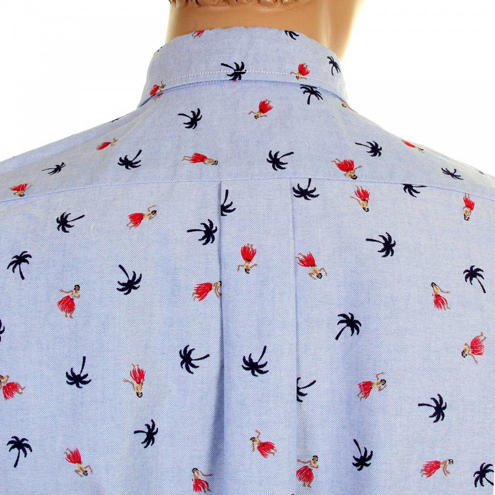 Button Down Collar Short Sleeve Light Blue Cotton Twill Regular Fit Oxford Shirt With Printed Aloha Hula Dancer SS34973