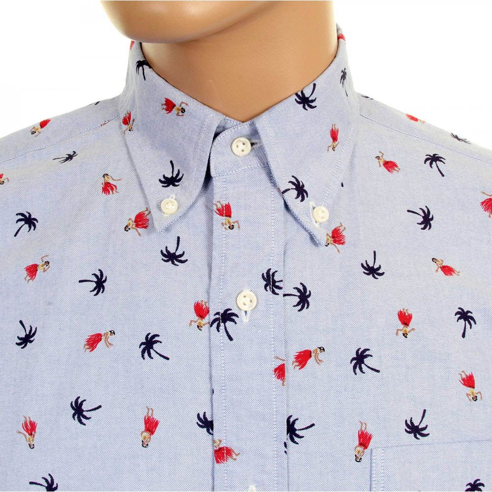 Button Down Collar Short Sleeve Light Blue Cotton Twill Regular Fit Oxford Shirt With Printed Aloha Hula Dancer SS34973