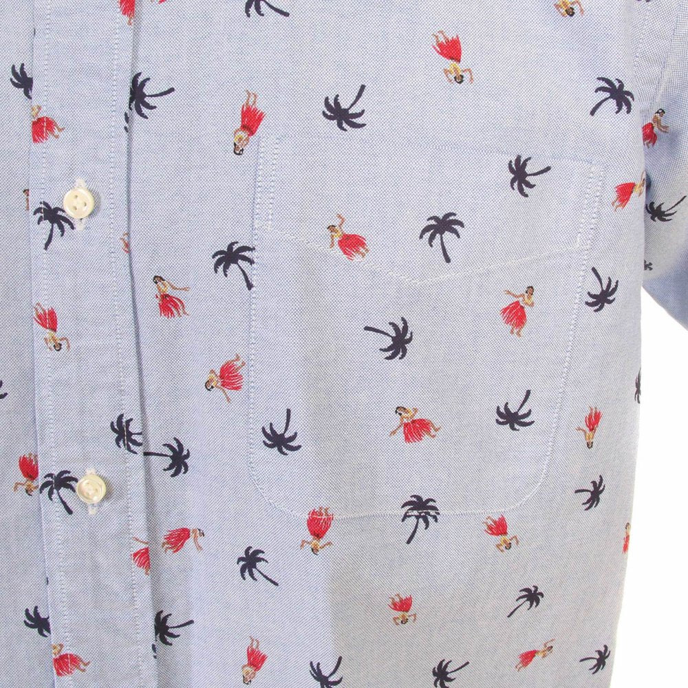 Button Down Collar Short Sleeve Light Blue Cotton Twill Regular Fit Oxford Shirt With Printed Aloha Hula Dancer SS34973