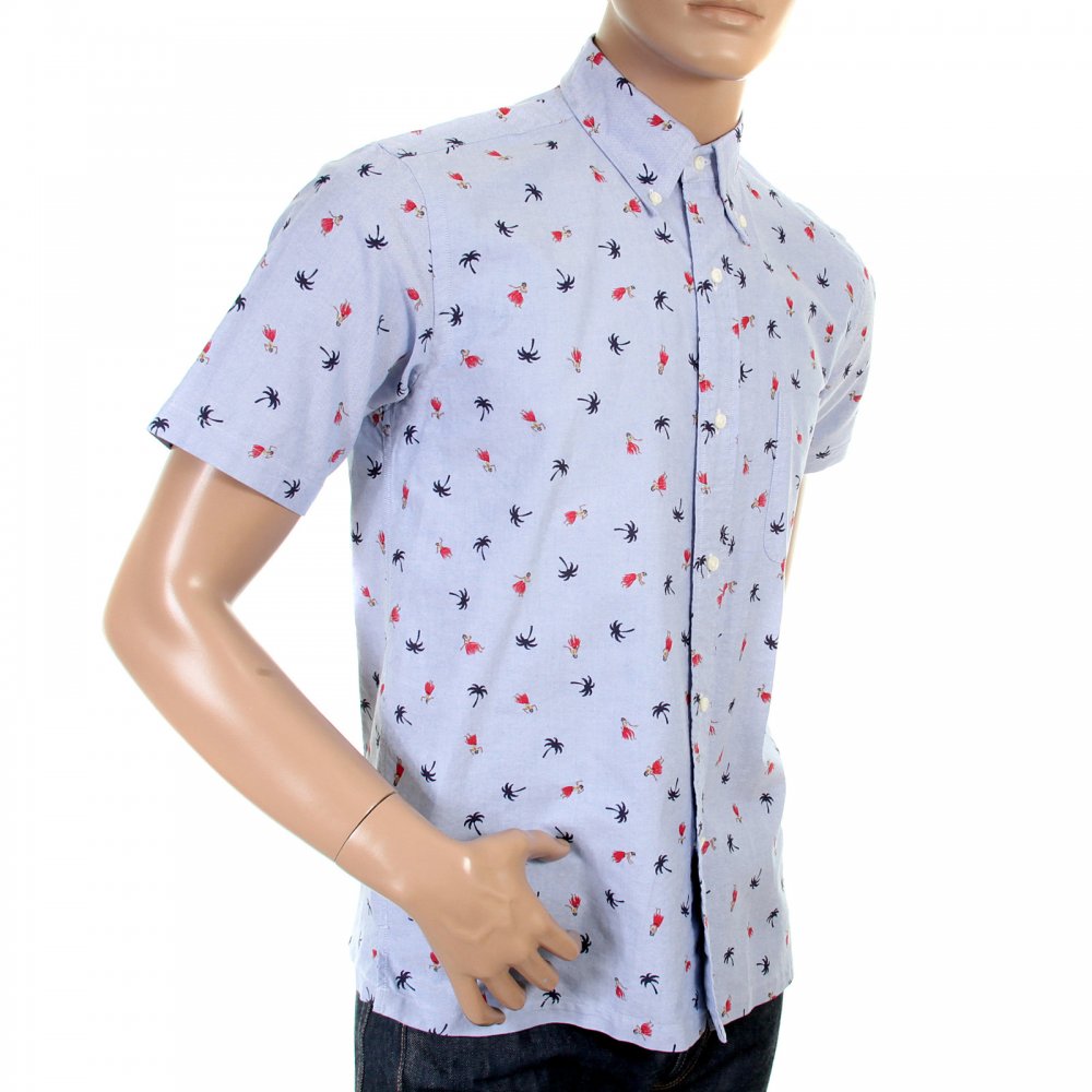 Button Down Collar Short Sleeve Light Blue Cotton Twill Regular Fit Oxford Shirt With Printed Aloha Hula Dancer SS34973