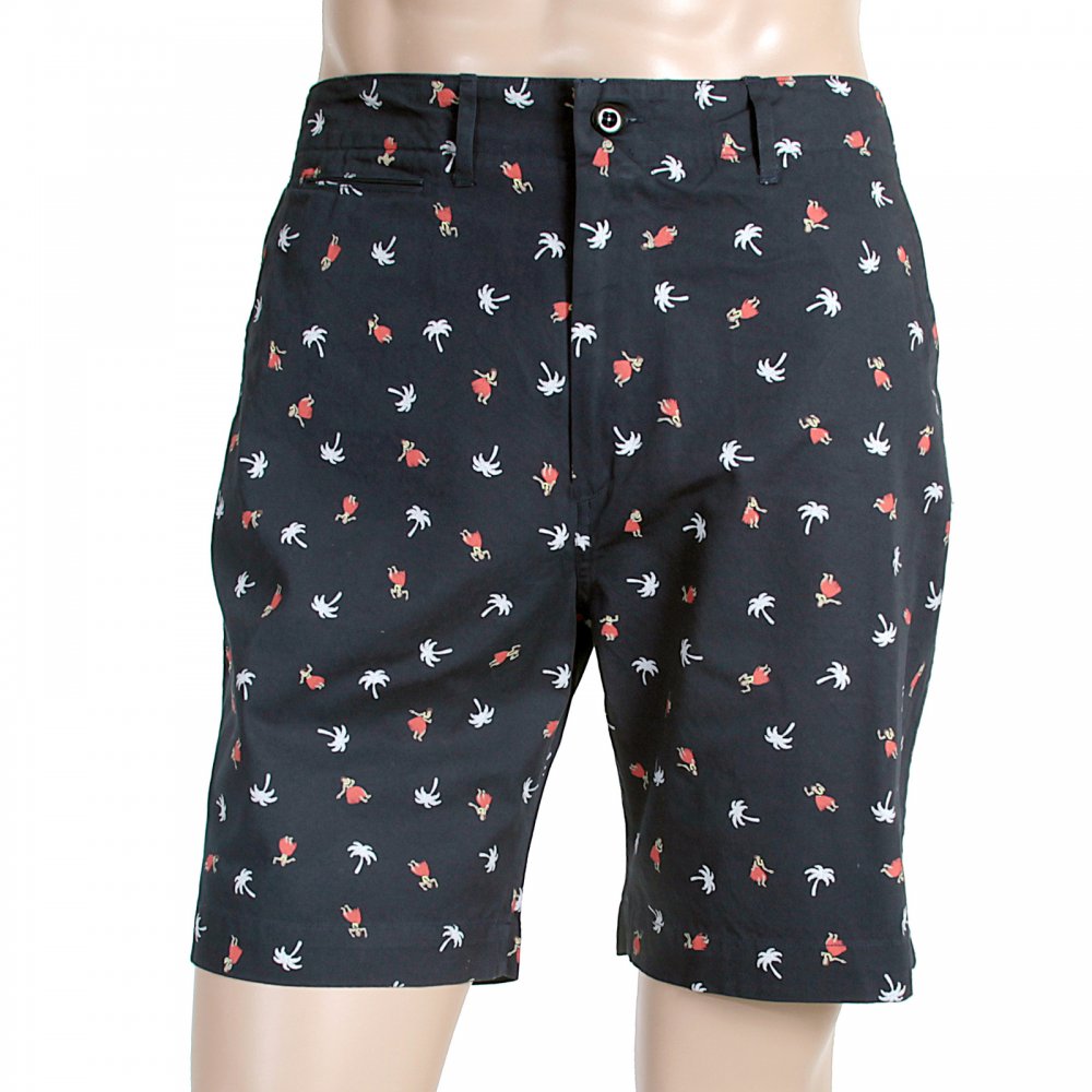 Navy Blue Cotton Twill Chino Styled Regular Fit Zip Fly Shorts With Printed Aloha Hula Dancers SS51186