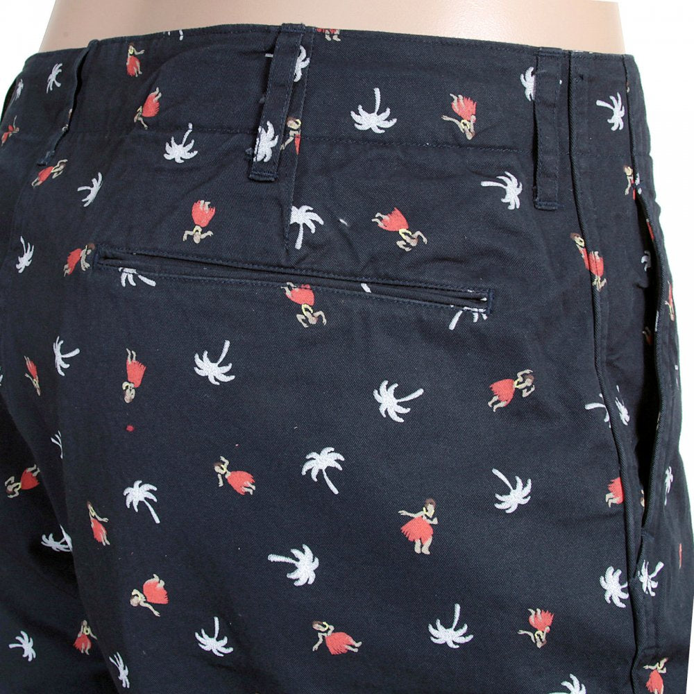Navy Blue Cotton Twill Chino Styled Regular Fit Zip Fly Shorts With Printed Aloha Hula Dancers SS51186