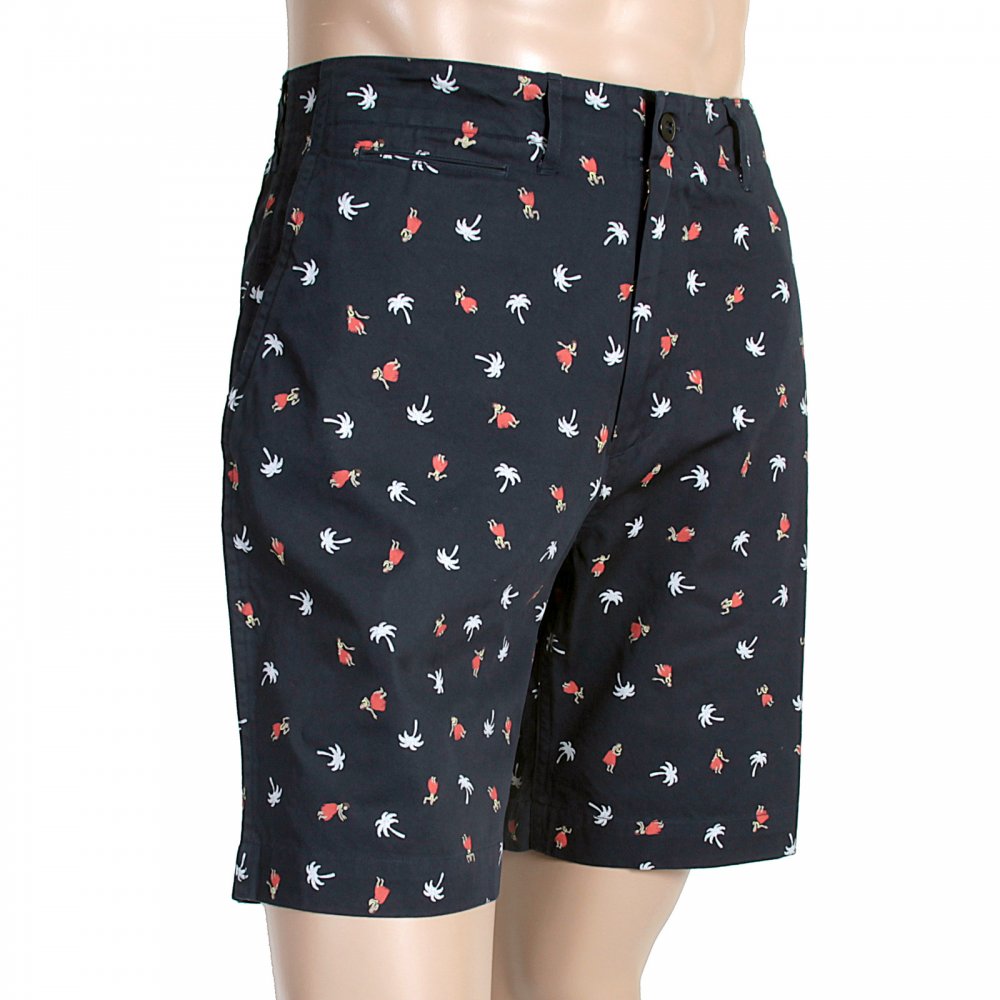 Navy Blue Cotton Twill Chino Styled Regular Fit Zip Fly Shorts With Printed Aloha Hula Dancers SS51186
