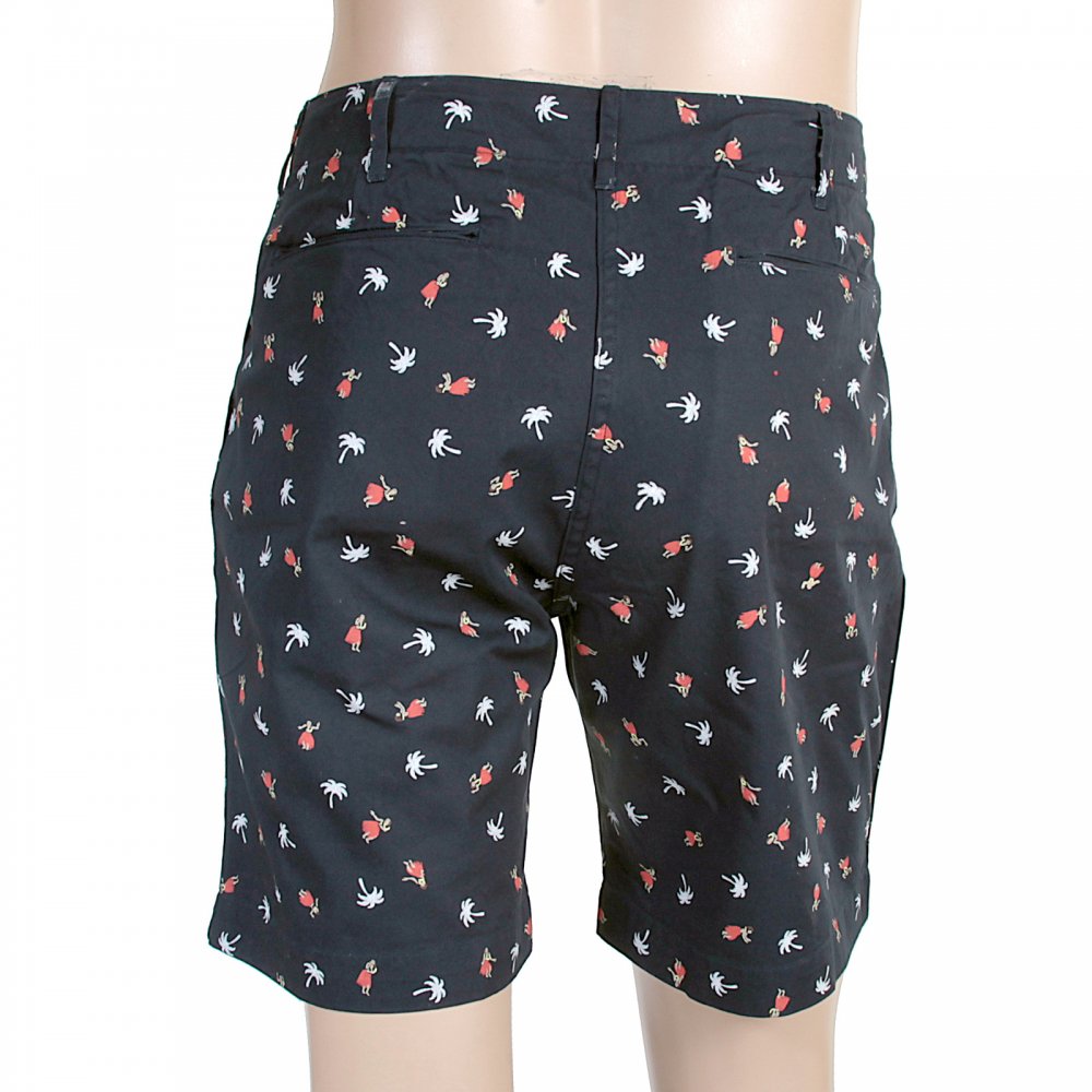 Navy Blue Cotton Twill Chino Styled Regular Fit Zip Fly Shorts With Printed Aloha Hula Dancers SS51186
