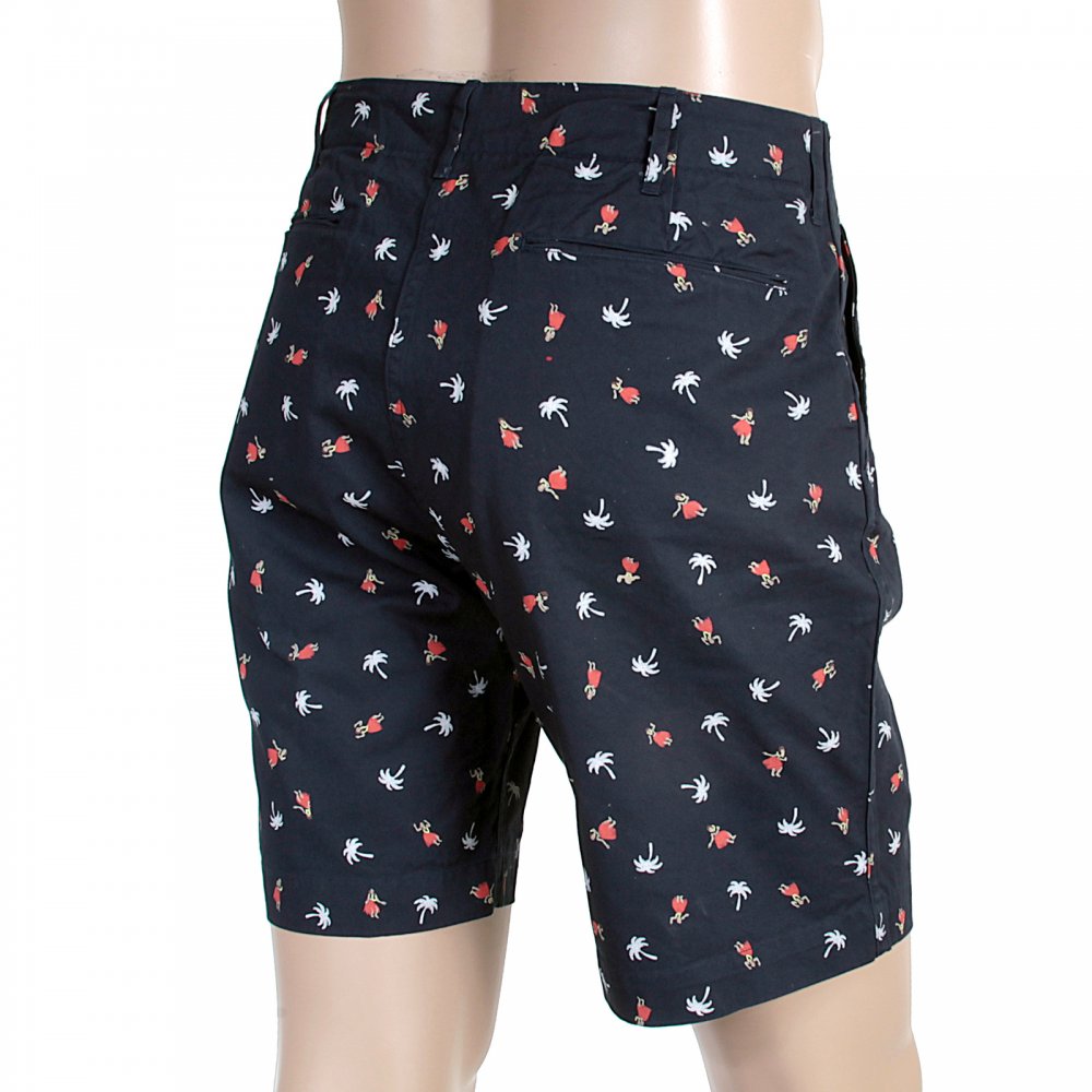 Navy Blue Cotton Twill Chino Styled Regular Fit Zip Fly Shorts With Printed Aloha Hula Dancers SS51186