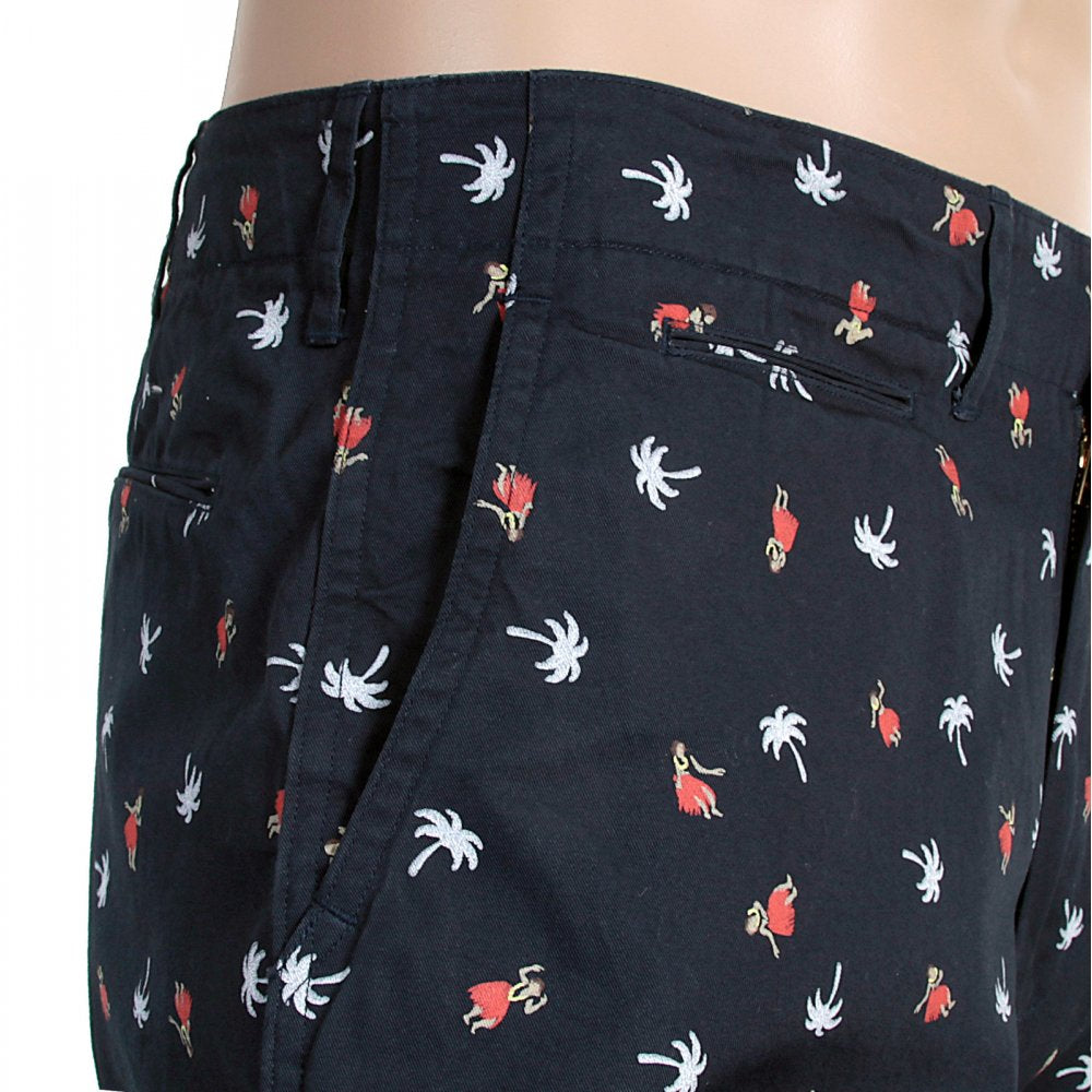 Navy Blue Cotton Twill Chino Styled Regular Fit Zip Fly Shorts With Printed Aloha Hula Dancers SS51186