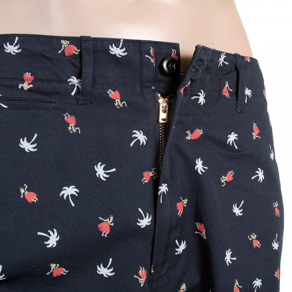 Navy Blue Cotton Twill Chino Styled Regular Fit Zip Fly Shorts With Printed Aloha Hula Dancers SS51186