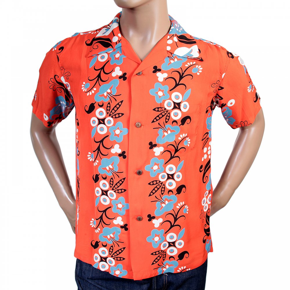 Regular Fit Short Sleeve Red Rayon with Blue Black and White Elsieâ Flower Cuban Collar Hawaiian Shirt SS36430