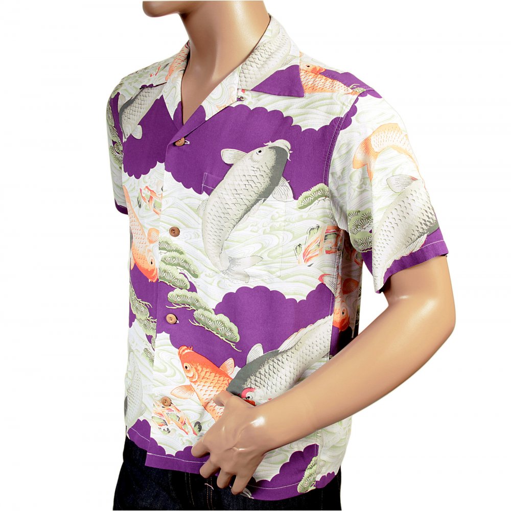 Regular Fit Short Sleeve Purple Rayon Cuban Collar With Printed Koi Hawaiian Shirt SS36434