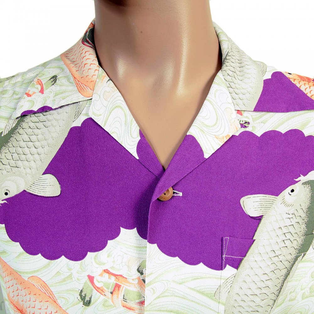 Regular Fit Short Sleeve Purple Rayon Cuban Collar With Printed Koi Hawaiian Shirt SS36434