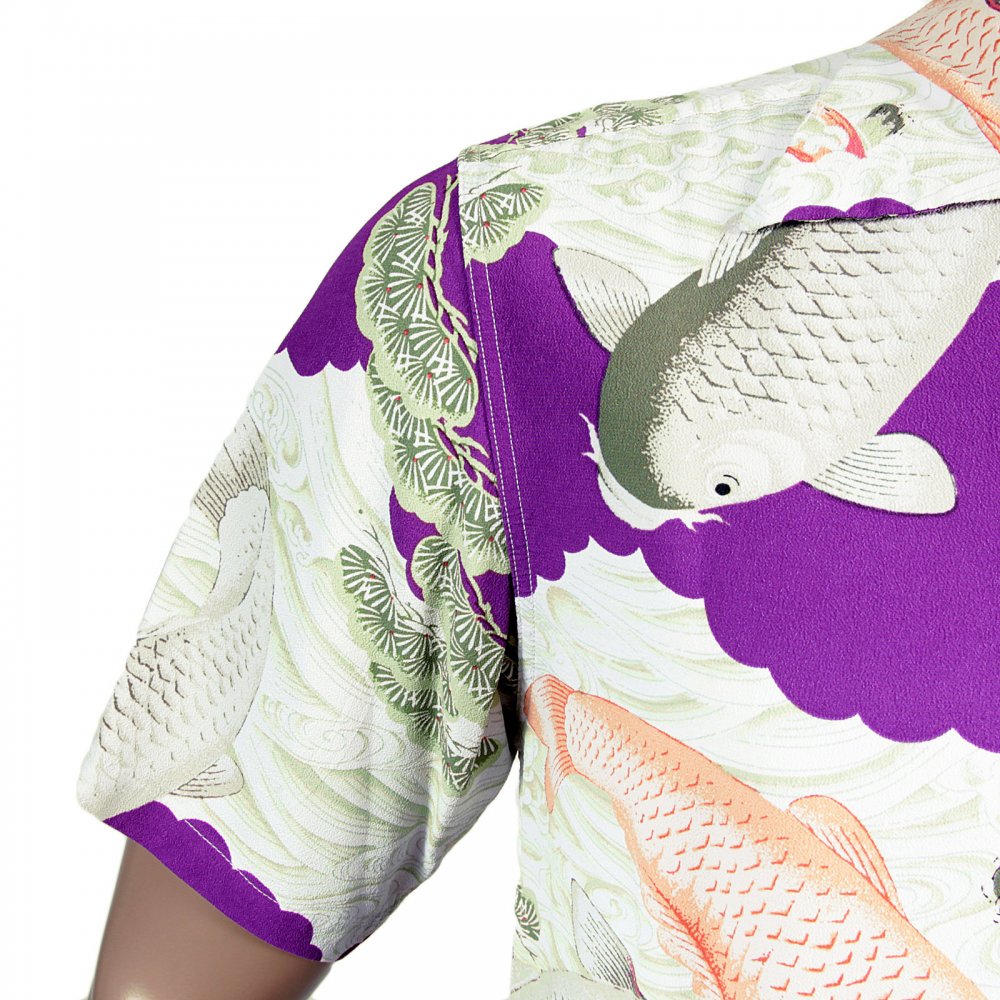 Regular Fit Short Sleeve Purple Rayon Cuban Collar With Printed Koi Hawaiian Shirt SS36434