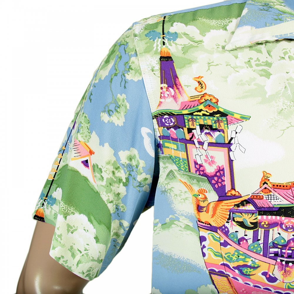 Regular Fit Short Sleeve Blue Rayon Cuban Collar Printed Gion Matsuri Hawaiian Shirt SS36431