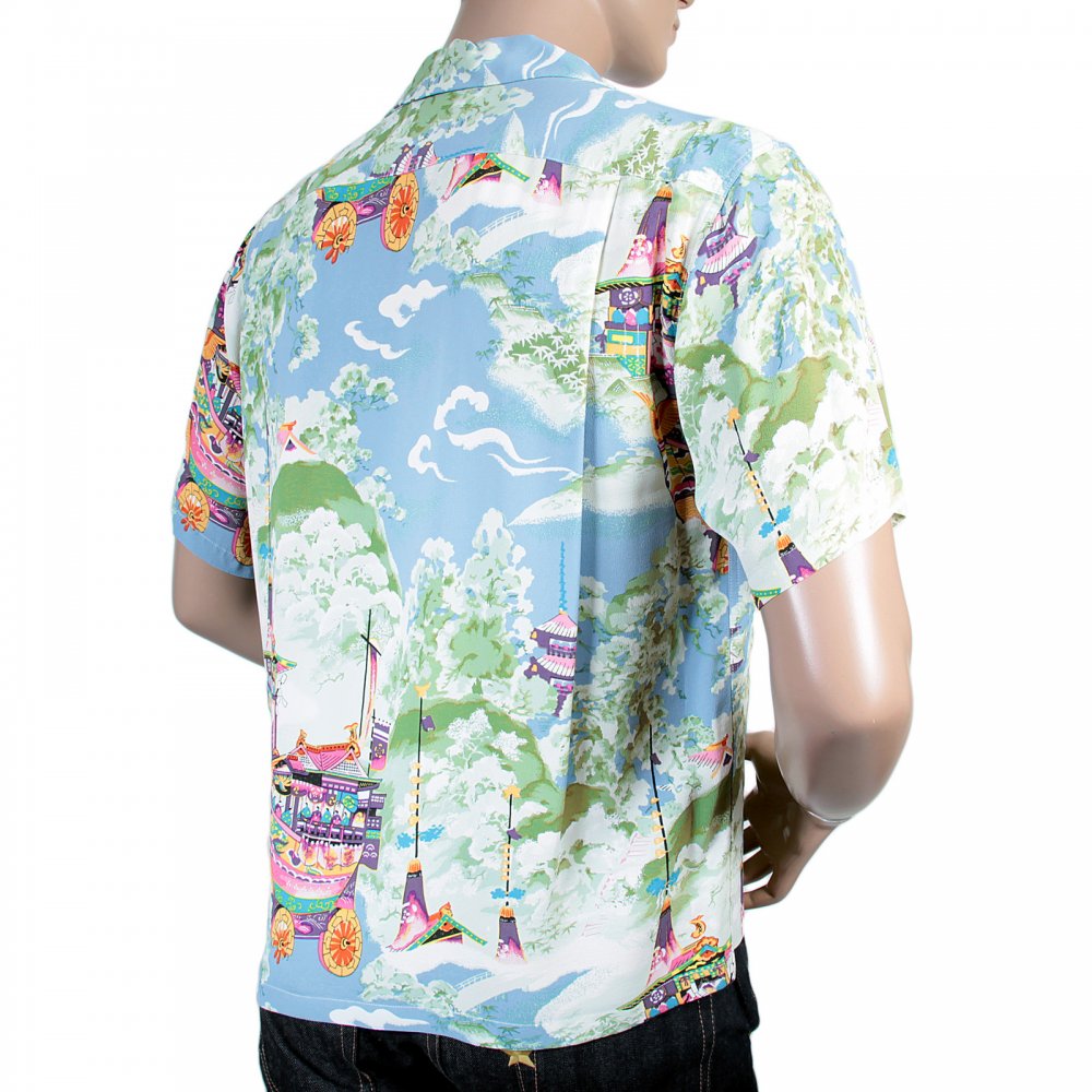 Regular Fit Short Sleeve Blue Rayon Cuban Collar Printed Gion Matsuri Hawaiian Shirt SS36431