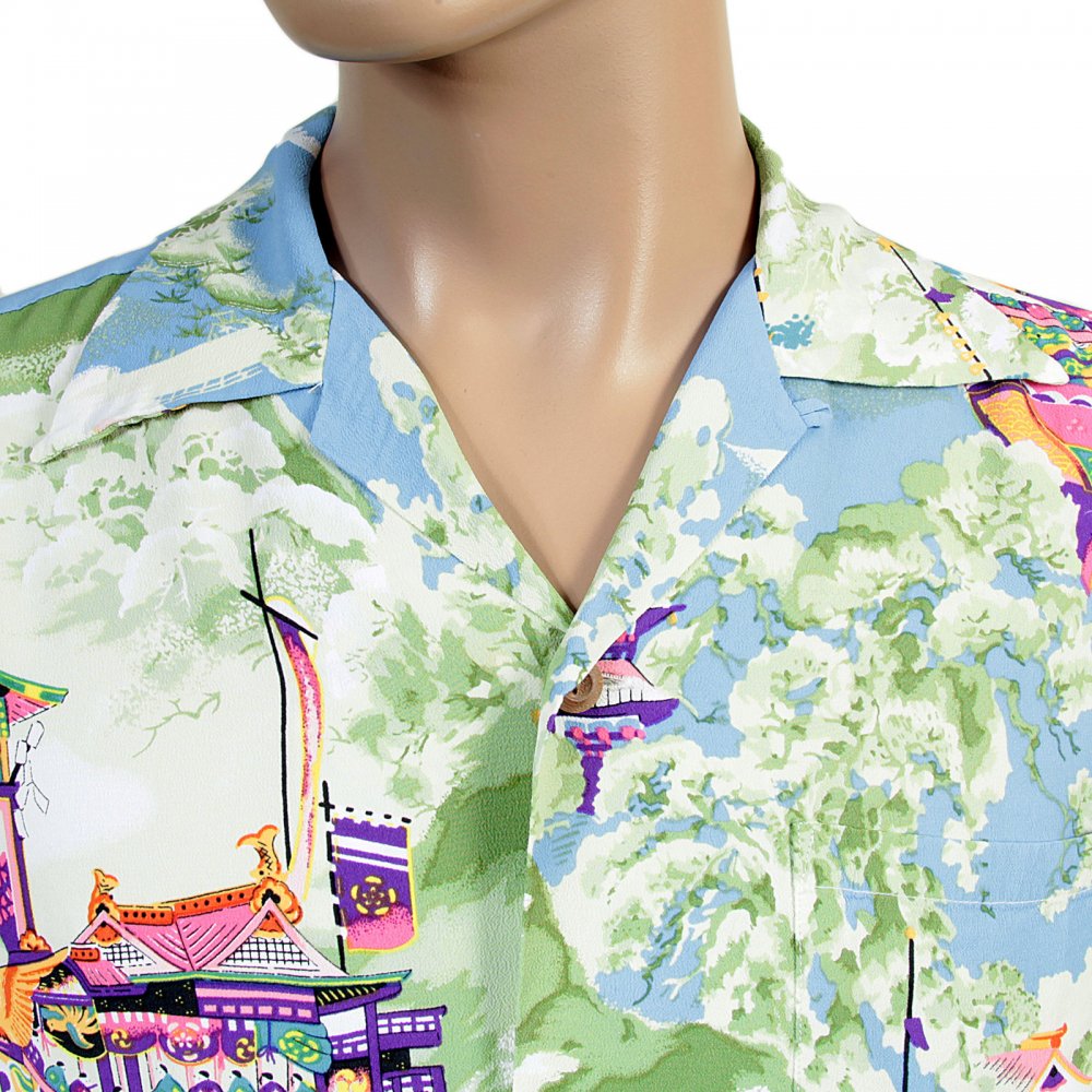 Regular Fit Short Sleeve Blue Rayon Cuban Collar Printed Gion Matsuri Hawaiian Shirt SS36431