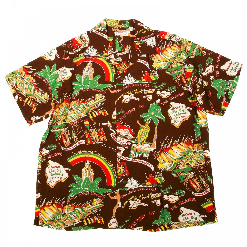 Brown History of the Islands Print Regular Fit Cuban Collar Short Sleeve Hawaiian Shirt SS33324