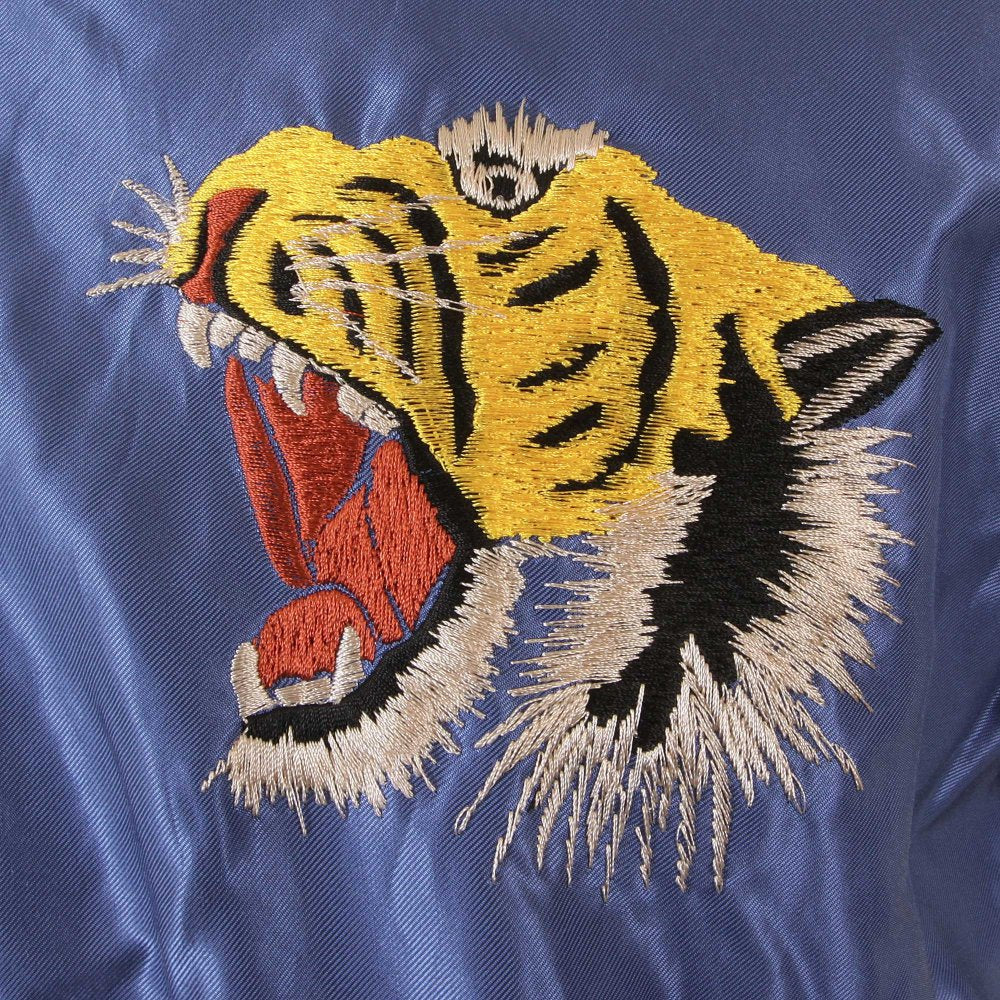 Royal Blue Body Ivory Sleeves Regular Fit Fully Reversible Suka Jacket With Hand Embroidered Tiger and Dragon TT12420