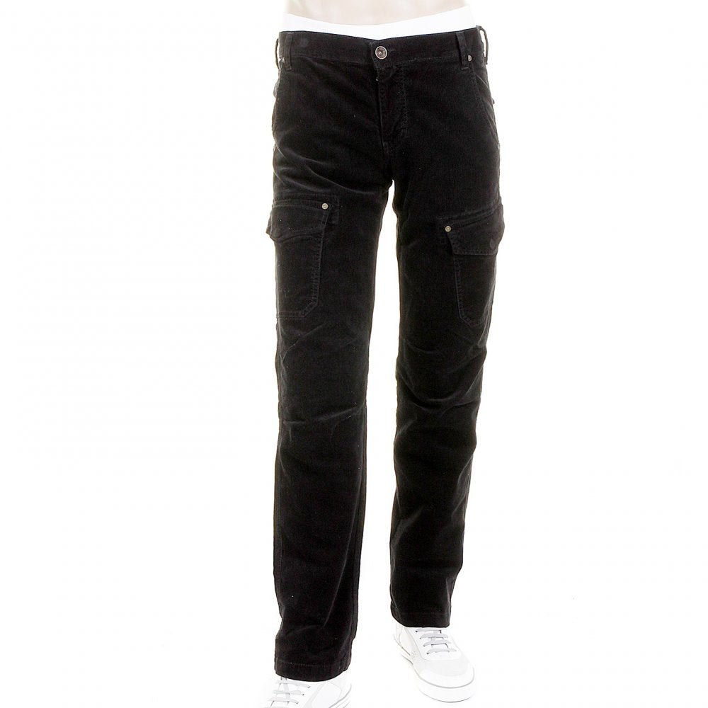 Black Fine Cord Stretch Cotton Regular Fit Low Waist Straight Leg Jeans