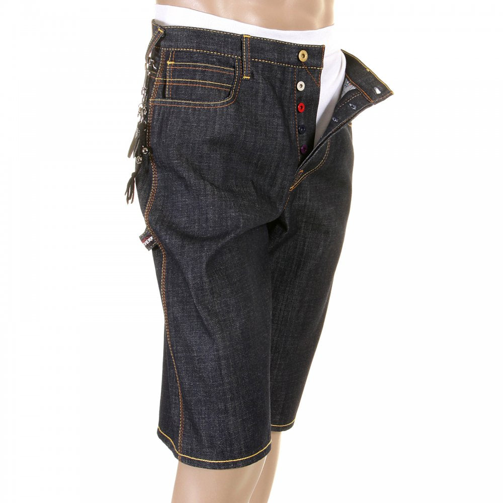 Super Exclusive Design Dark Indigo Raw Denim Shorts with Painted Yellow Logo