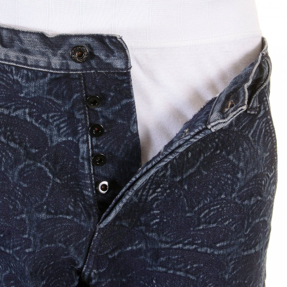 Super Exclusive Selvedge Denim Shorts with Dark Blue Embroidered Tsunami Wave