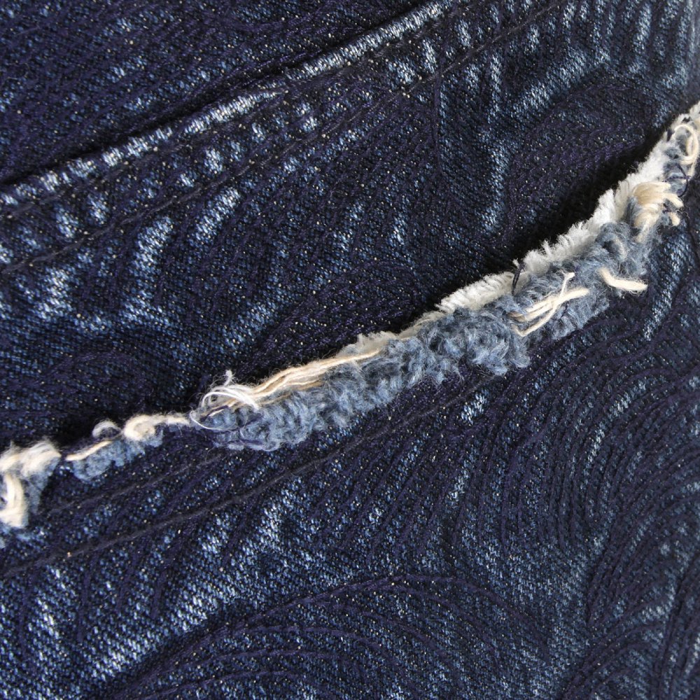 Super Exclusive Selvedge Denim Shorts with Dark Blue Embroidered Tsunami Wave