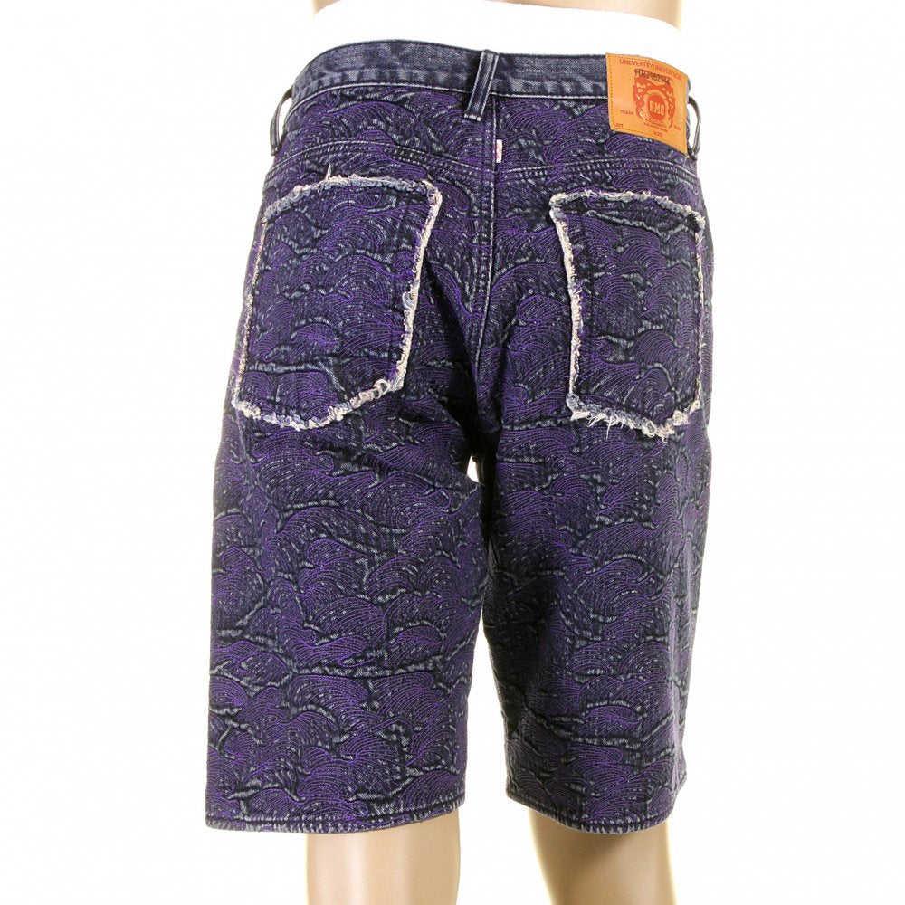 Super Exclusive Selvedge Denim Shorts with Purple Embroidered Tsunami Wave