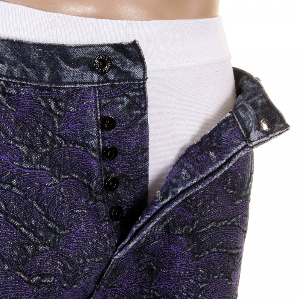 Super Exclusive Selvedge Denim Shorts with Purple Embroidered Tsunami Wave
