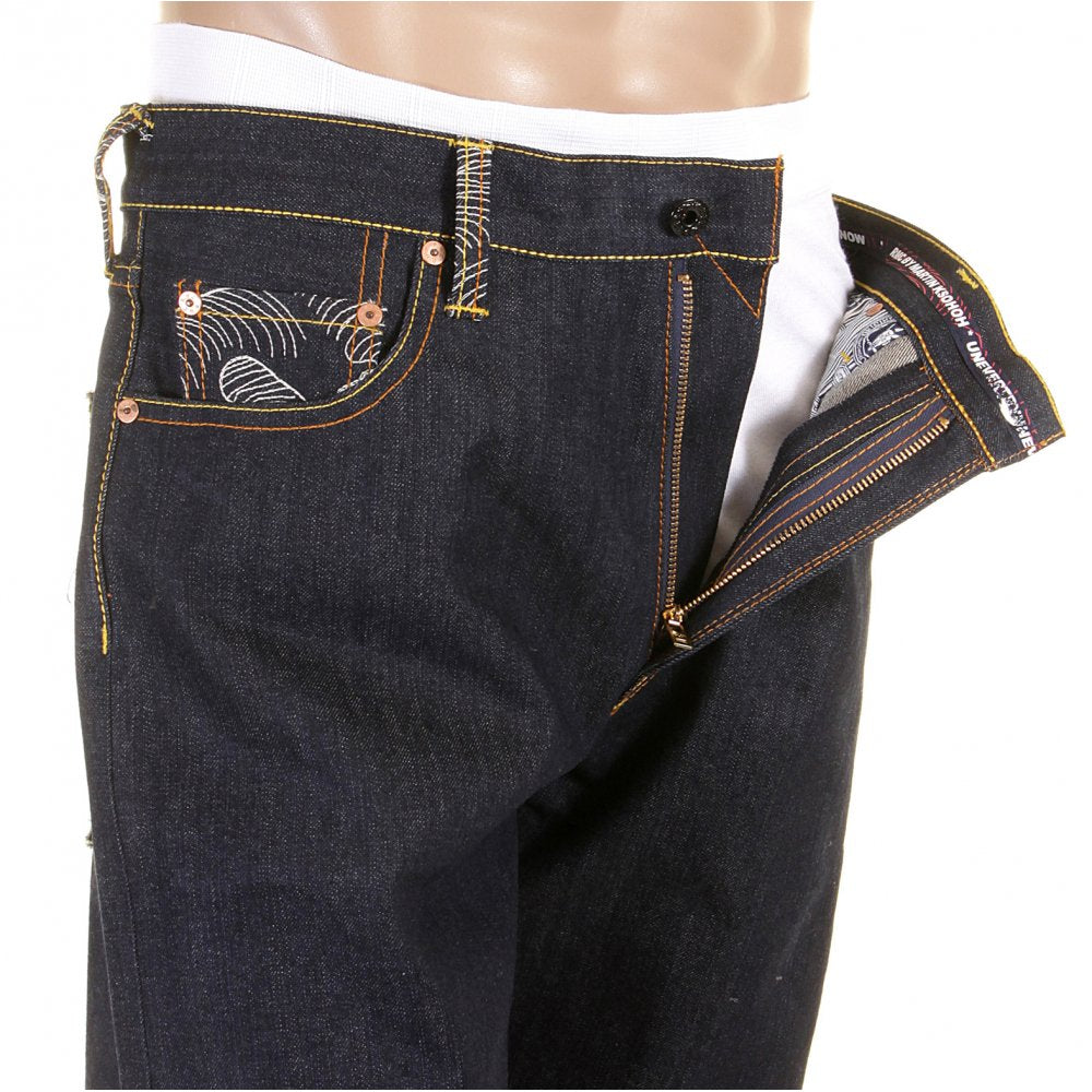 Tsunami Wave with blue Painted Logo Raw Denim Jeans