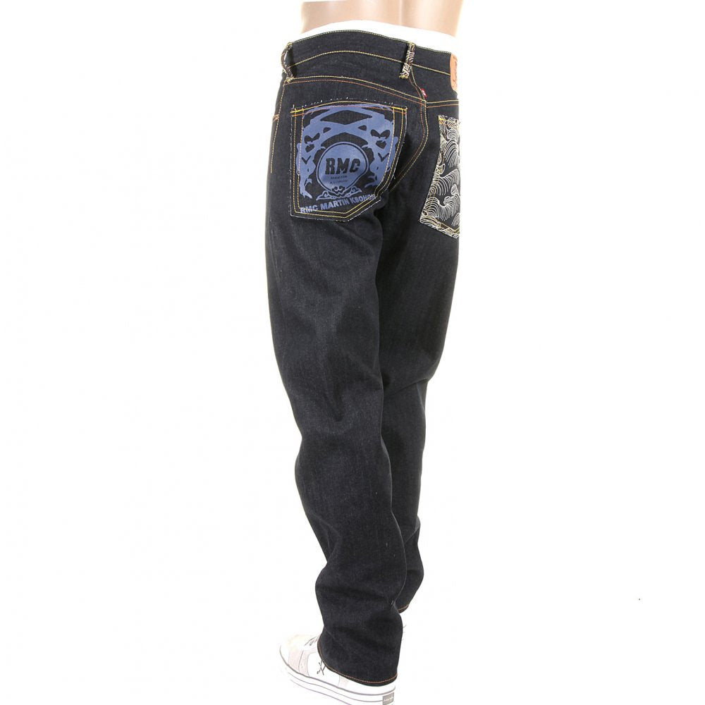 Tsunami Wave with blue Painted Logo Raw Denim Jeans