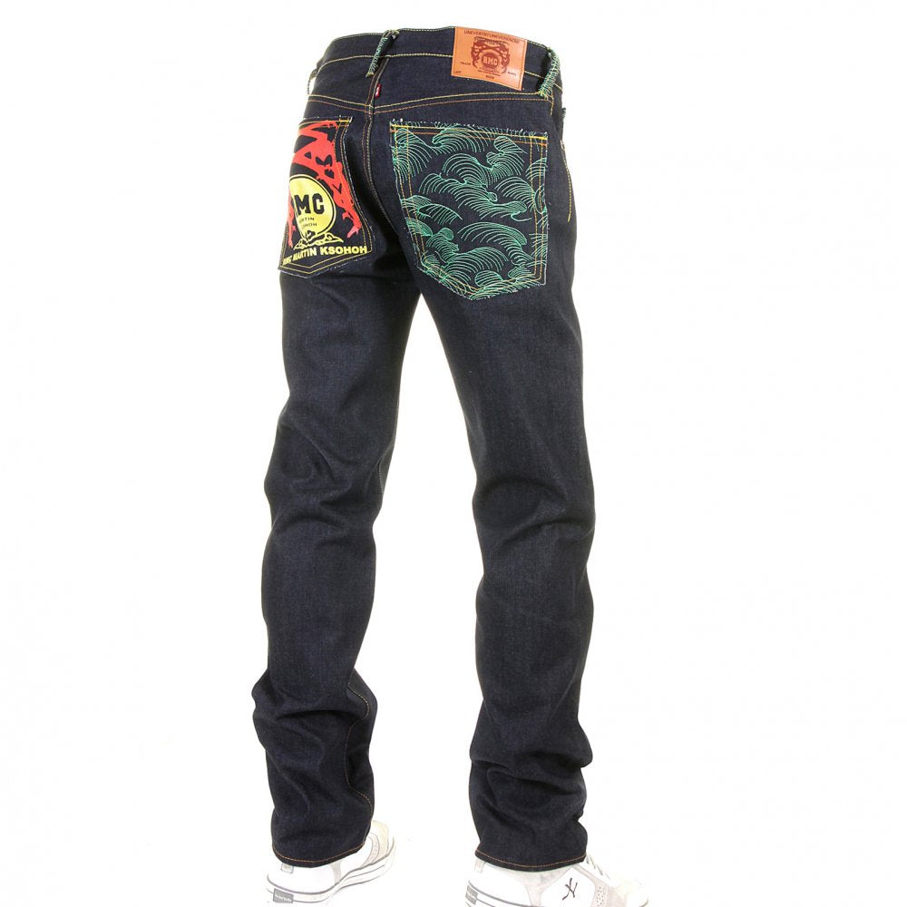 Green Tsunami Wave and Painted Logo Slim Fit Jeans