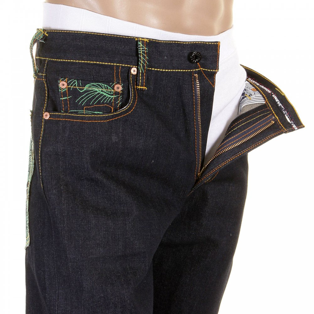 Green Tsunami Wave and Painted Logo Slim Fit Jeans