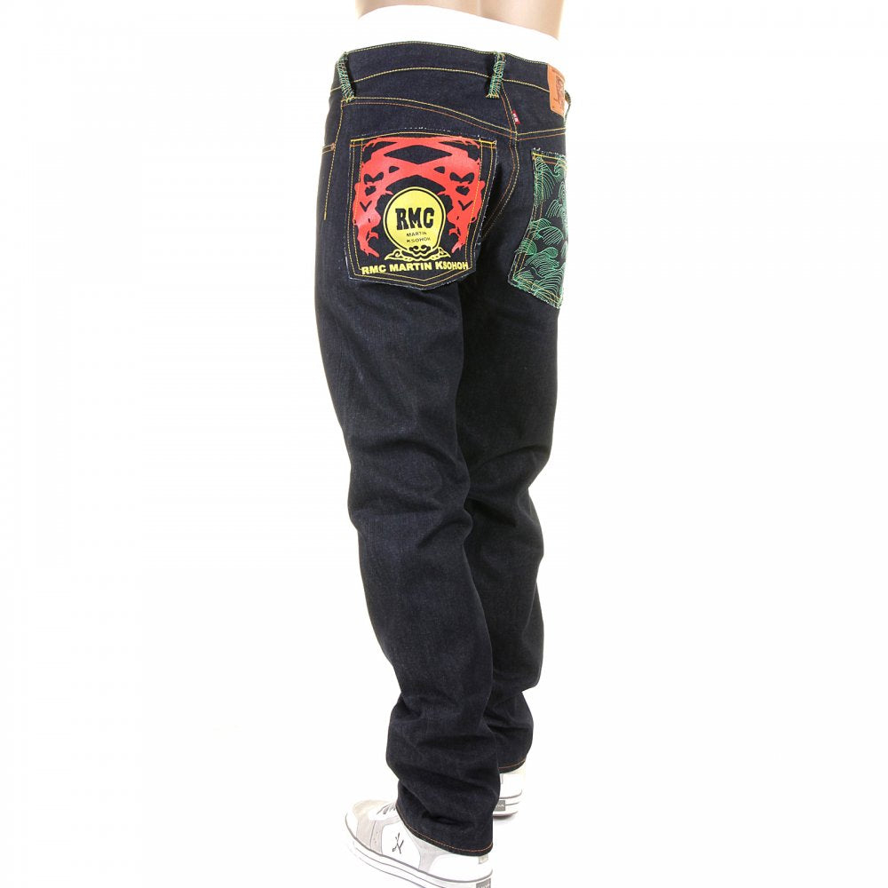 Green Tsunami Wave and Painted Logo Slim Fit Jeans