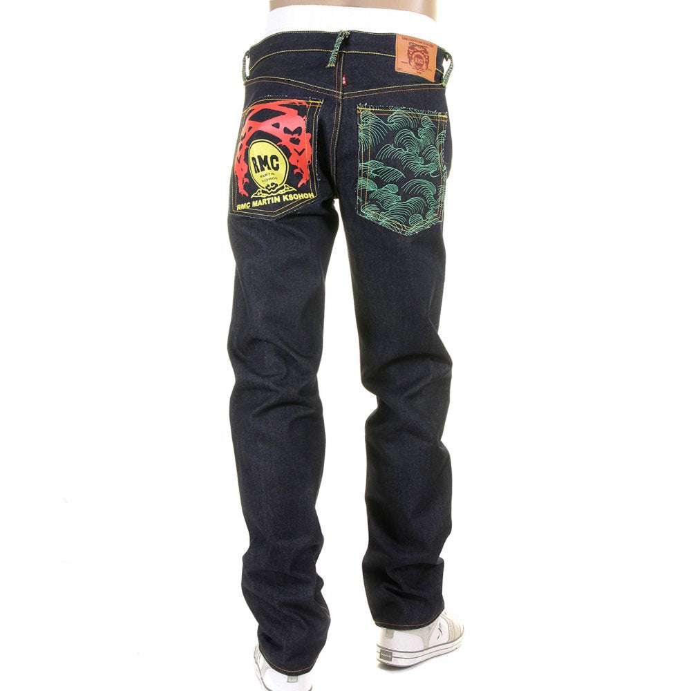 Green Tsunami Wave and Painted Logo Slim Fit Jeans