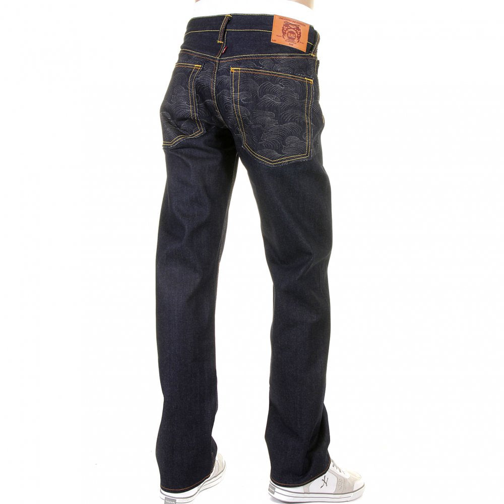 Raw Denim with Charcoal Tsunami Wave Logo on Full Back