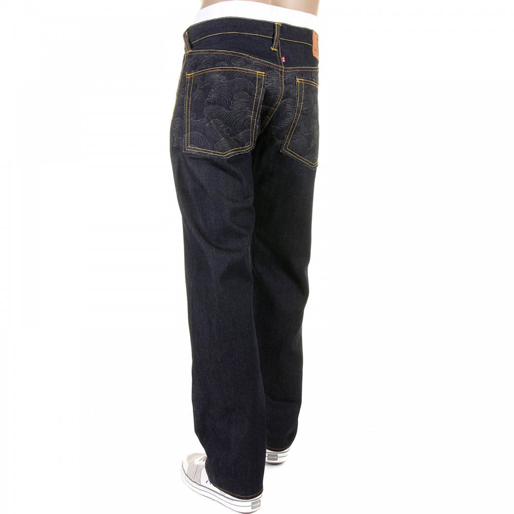 Raw Denim with Charcoal Tsunami Wave Logo on Full Back