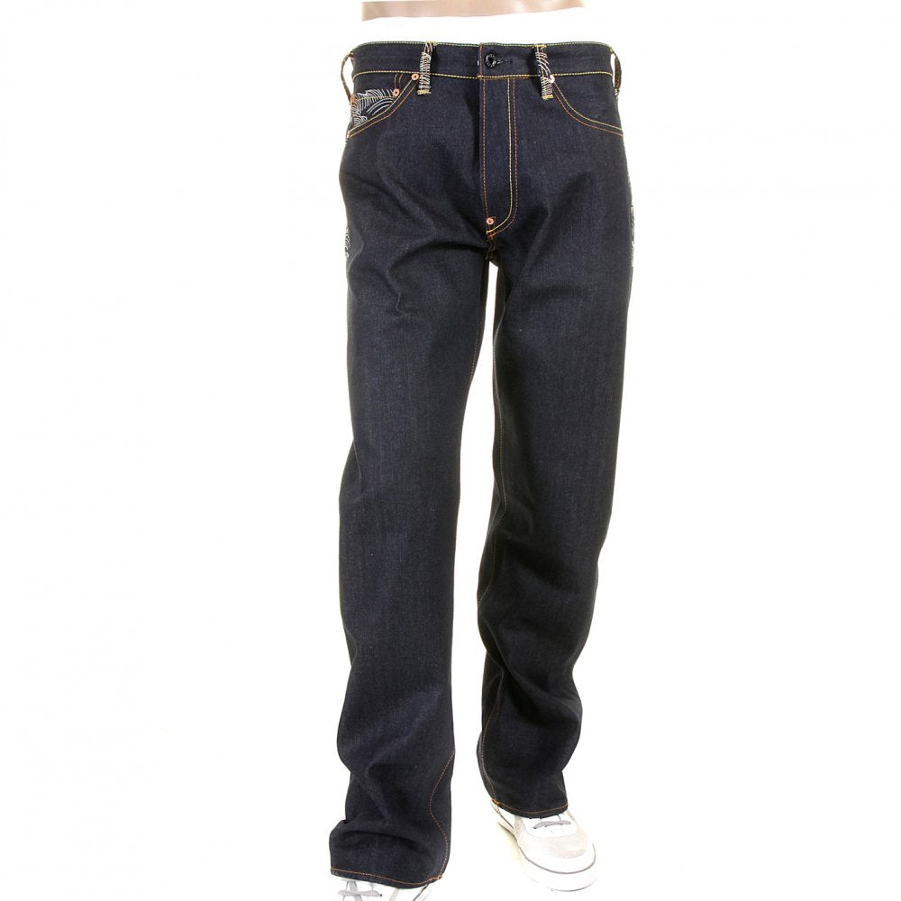 Genuine Dark Indigo Vintage Cut Raw Denim with Full Back off White Tsunami Wave Embroidery