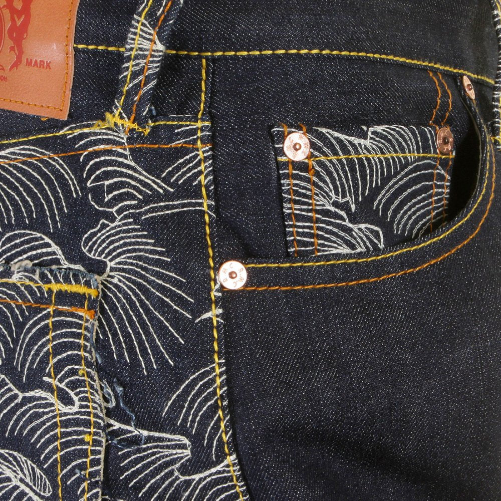 Genuine Dark Indigo Vintage Cut Raw Denim with Full Back off White Tsunami Wave Embroidery