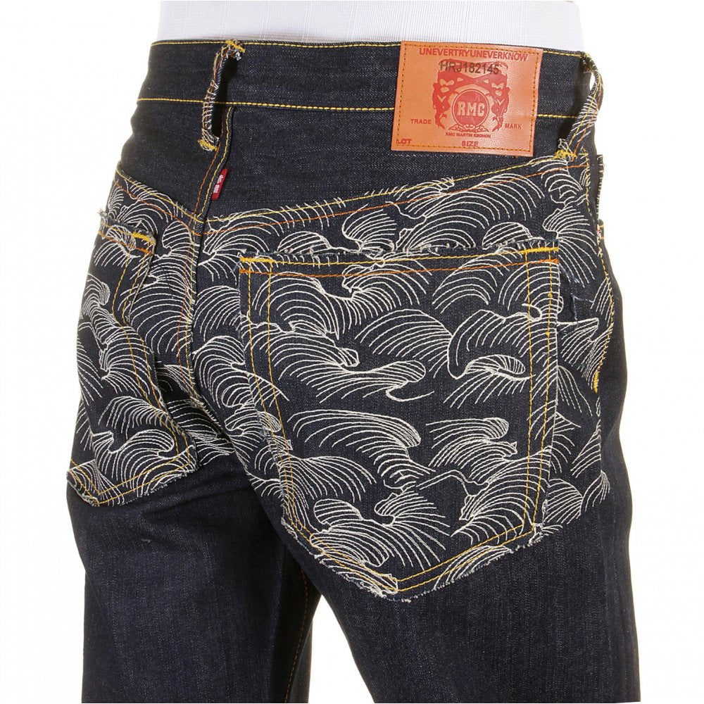Genuine Dark Indigo Vintage Cut Raw Denim with Full Back off White Tsunami Wave Embroidery