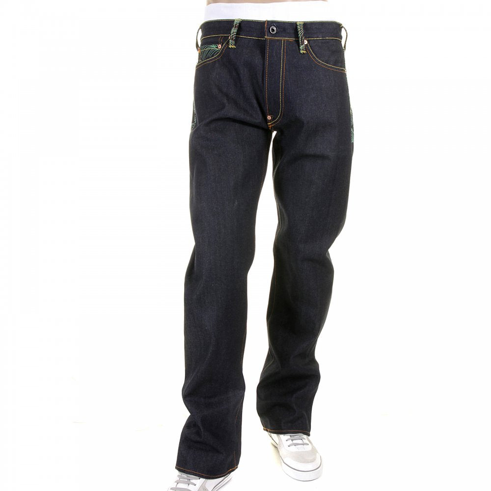 Genuine Dark Indigo Vintage Cut Raw Denim with Full Back Green Tsunami Wave Embroidery