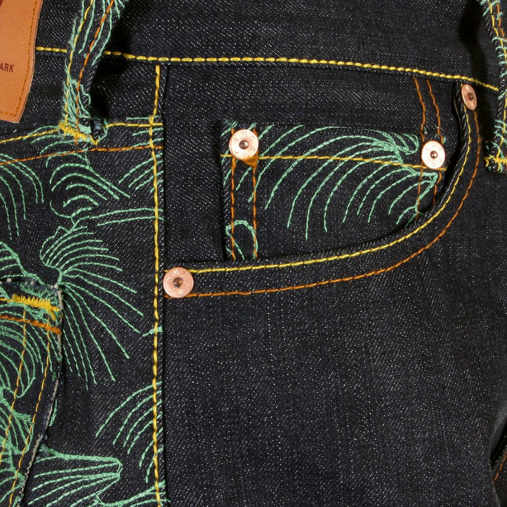 Genuine Dark Indigo Vintage Cut Raw Denim with Full Back Green Tsunami Wave Embroidery